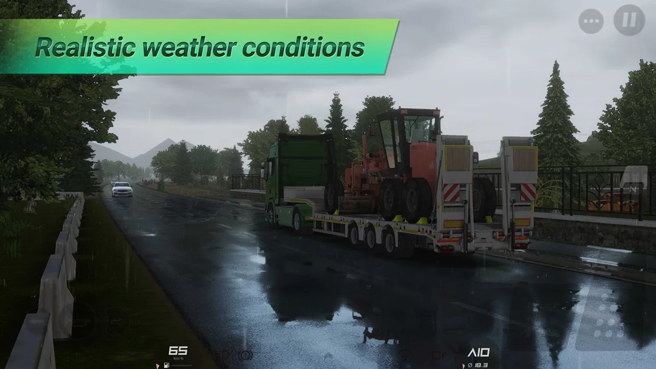 Truckers of Europe 3 — зелёный грузовик с погрузчиком в дождь